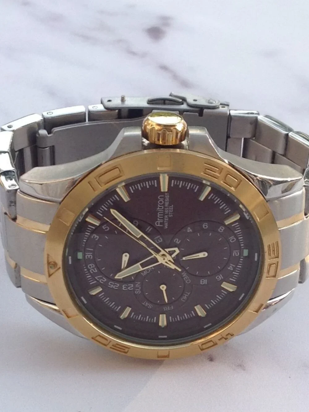 Armitron Chronograph 6P27 Brown Face, Gold Silver Wristwatch For Man or Woman